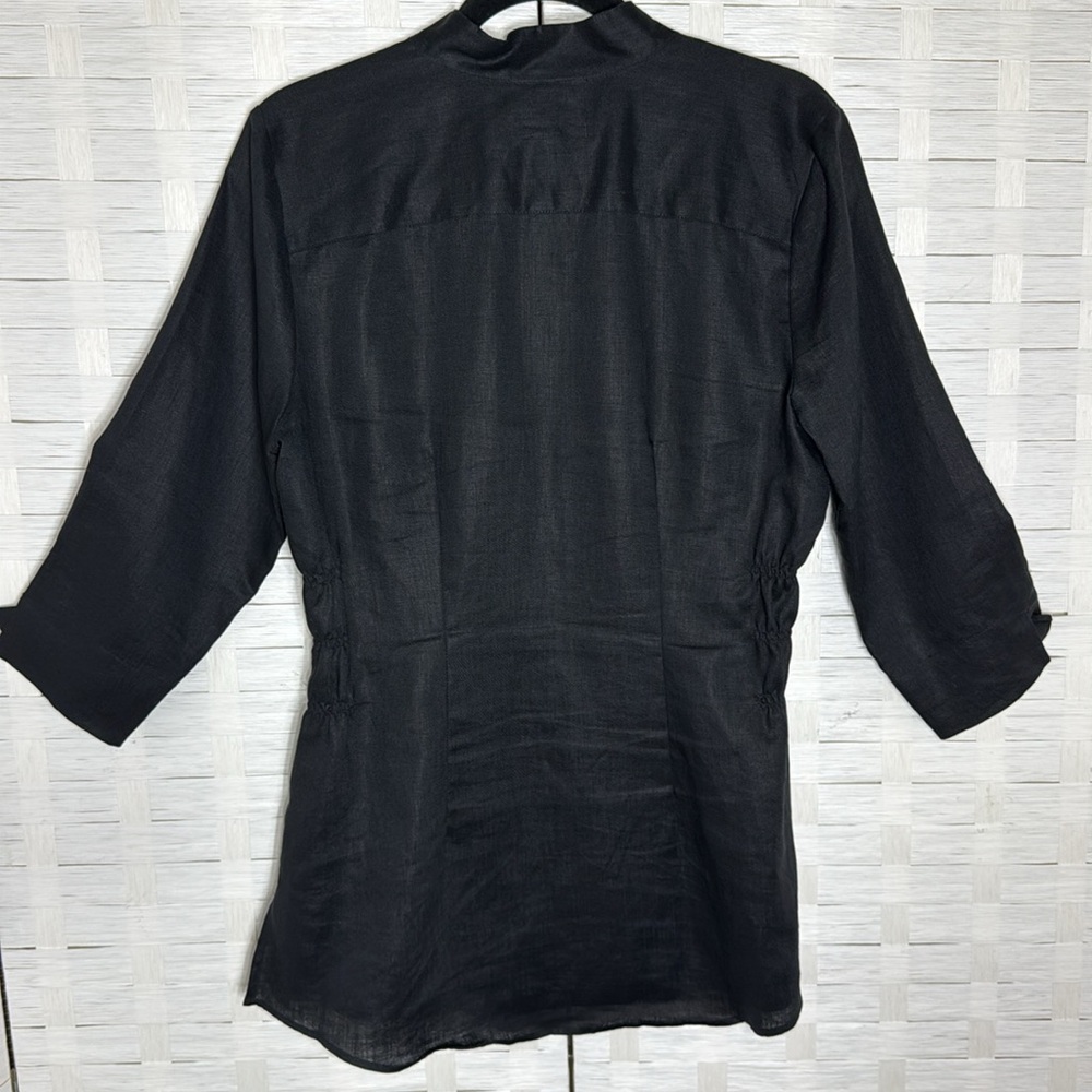 Westbound Linen Women’s Black Button Up Smocked Waist Mock Collared Shirt Size 8 - Picture 7 of 12